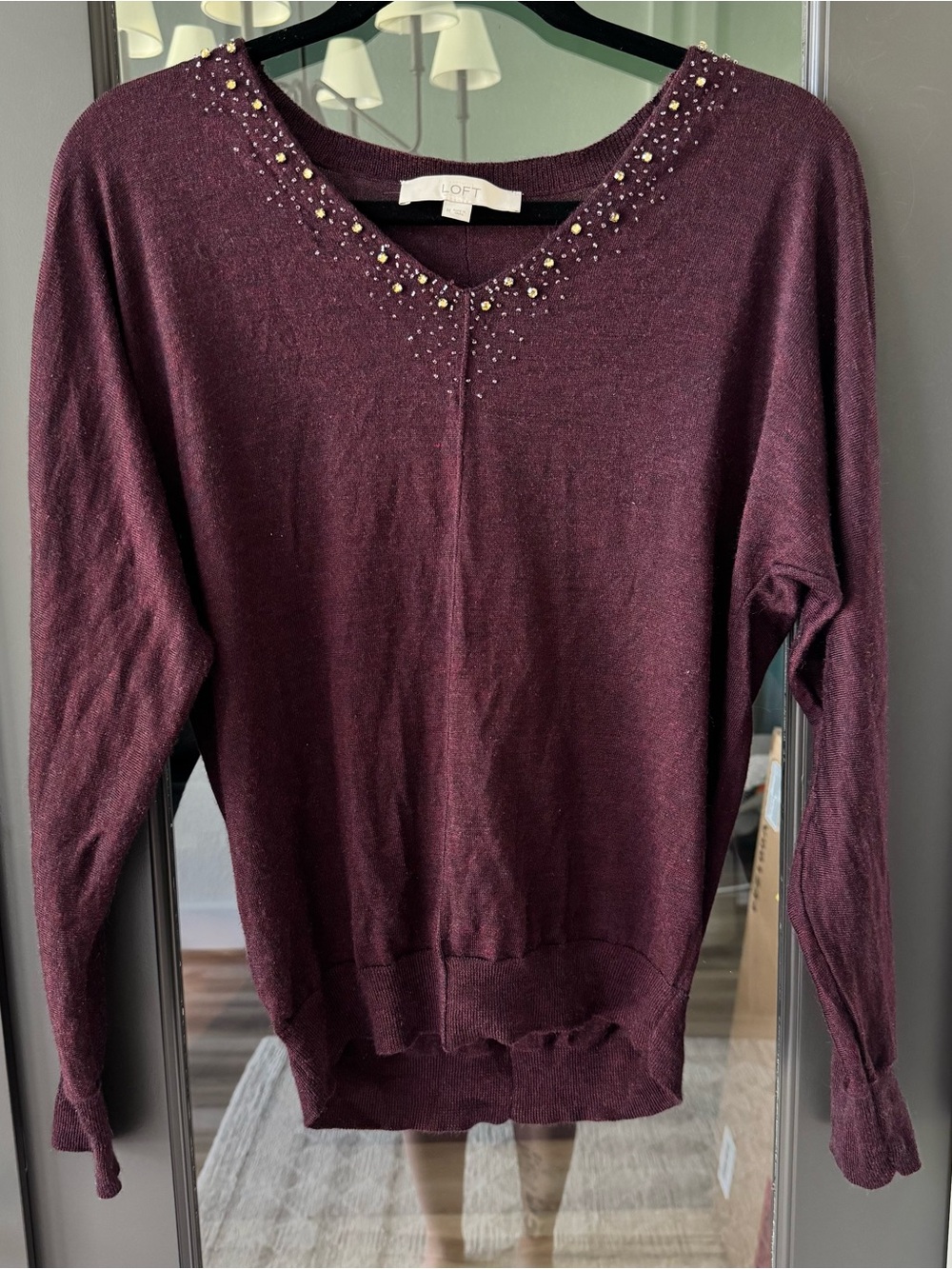 LOFT Plum Crewneck 30% Wool Sweater with Festive Beaded Neckline Fall Cozy